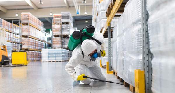 Pest Control Suited Guy Fumigating an Industrial space